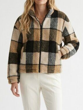 Harlow Plaid Teddy Cropped Jacket Women's Large Casual Everyday Western Boho